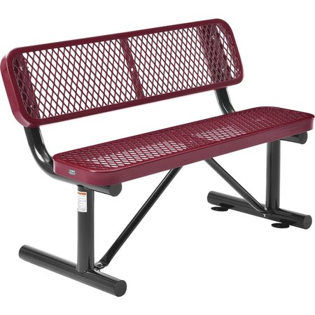 GLOBAL INDUSTRIAL 48L Outdoor Steel Bench with Backrest, Expanded Metal, Red 695743RD